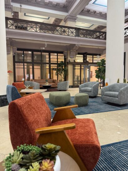 Lobby and lounge interior at The Therm, 1017 Olive Street, downtown St. Louis